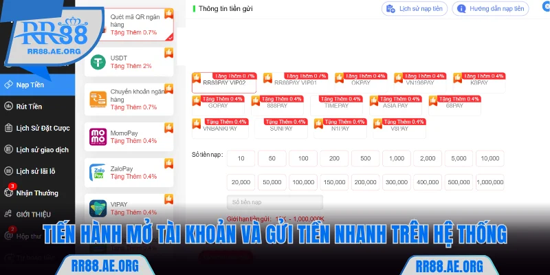 Tiến hành mở tài khoản RR88 và gửi tiền nhanh trên hệ thống